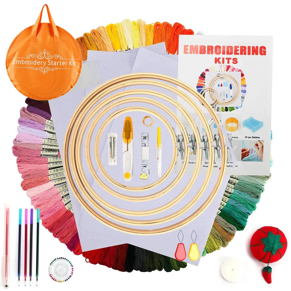 Looen Wholesale 215 PCS DIY Embroidery Starter Kit Bamboo Embroidery Hoops Cross Stitch Tool Kits for Beginners