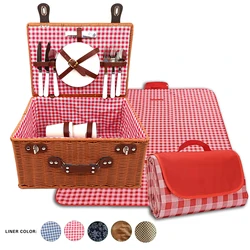 Wholesale OEM outdoor Camping handmade wooden basket rattan basket picnic basket with wood lid square shape