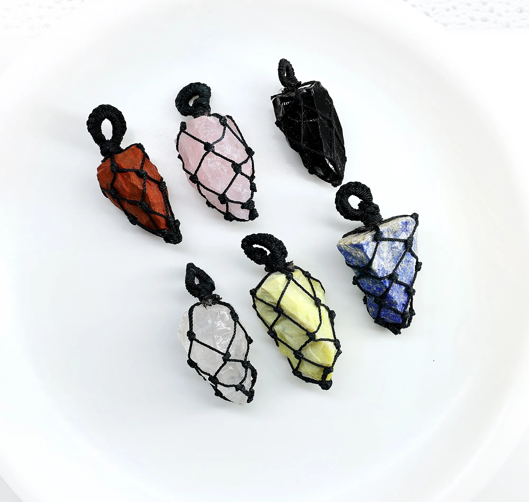 Raw Crystal Gemstone Red Coral Macrame Pendant Necklace