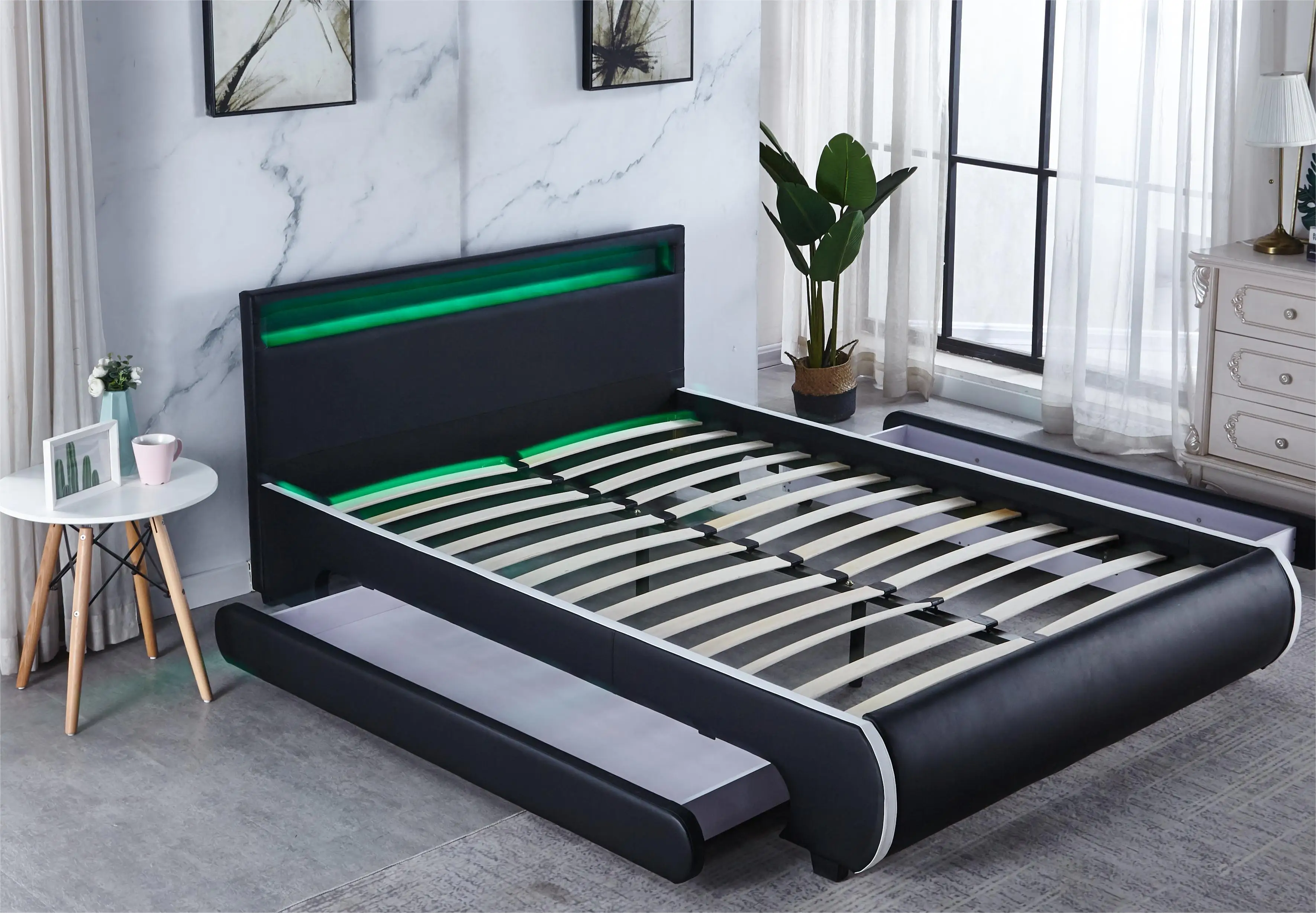 Modern black bed with decorative lights  stylish queen size bed platform frame bed