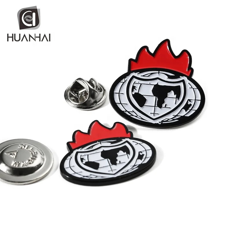 custom black metal fire logo soft enamel magnetic badge pin