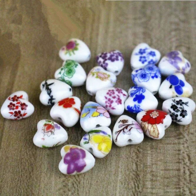 Elegance Heart Shape Ceramic Beads Flower Printing Porcelain Beads For Sale
