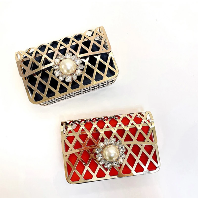 Женская сумка с полым жемчугом, роскошная дизайнерская сумка, новая мода, металлический клатч со стразами, сумка на плечо с цепочкой, Свадебный Кошелек Z289