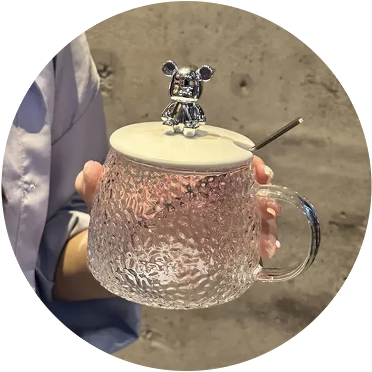 420ml High Quality Bear Shape Coffee Glass Mug Little Bear Hammer Pattern Cup with Lid And Spoon