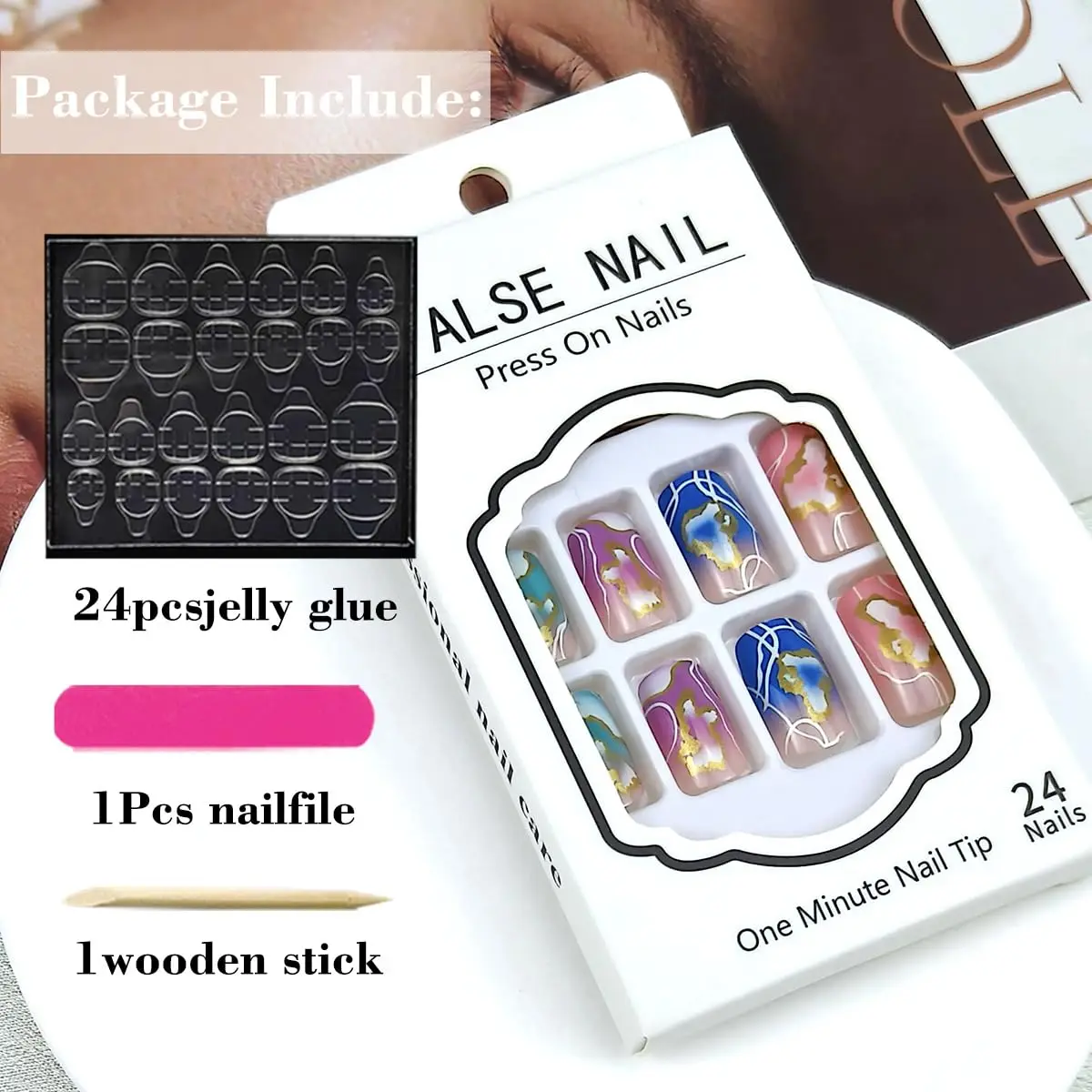 Colored Gradient Irregular Pattern French Press on Nail Long 24Pcs Square Fake Nail Full Cover False Nail Manicure for Women