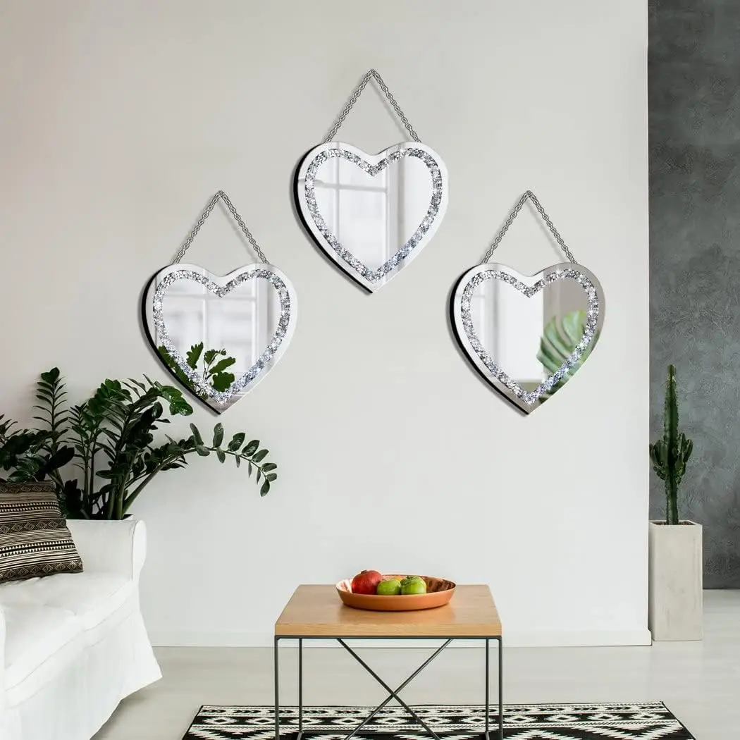 Crystal Crush Heart Shaped Silver Diamond with Stainless Steel Chain for Wall Decoration Mirror and room mirror designer mirror