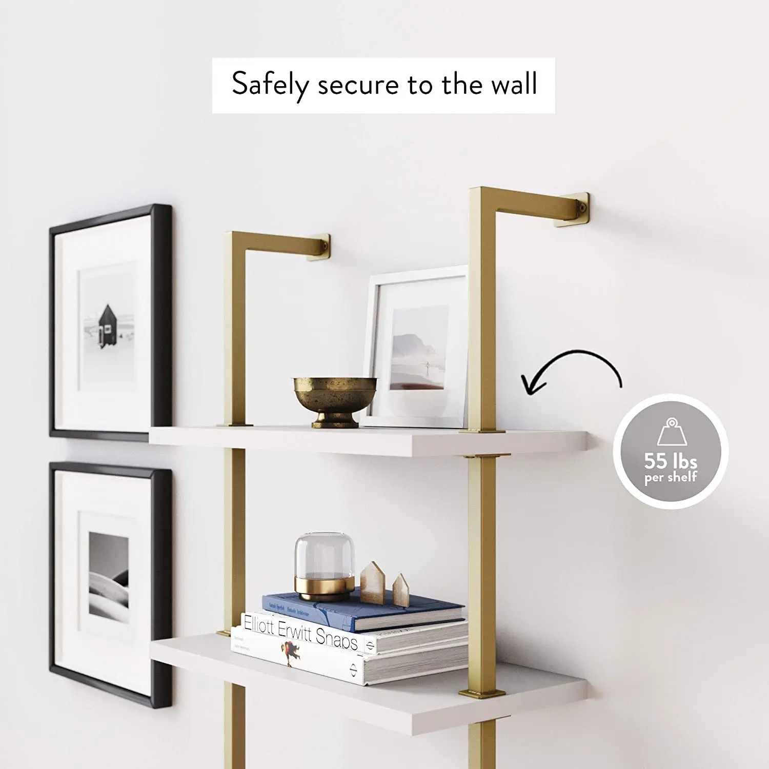 
5-Shelf Ladder Bookcase with Brass Metal Frame Wooden Shelves For Living Room Organizer 