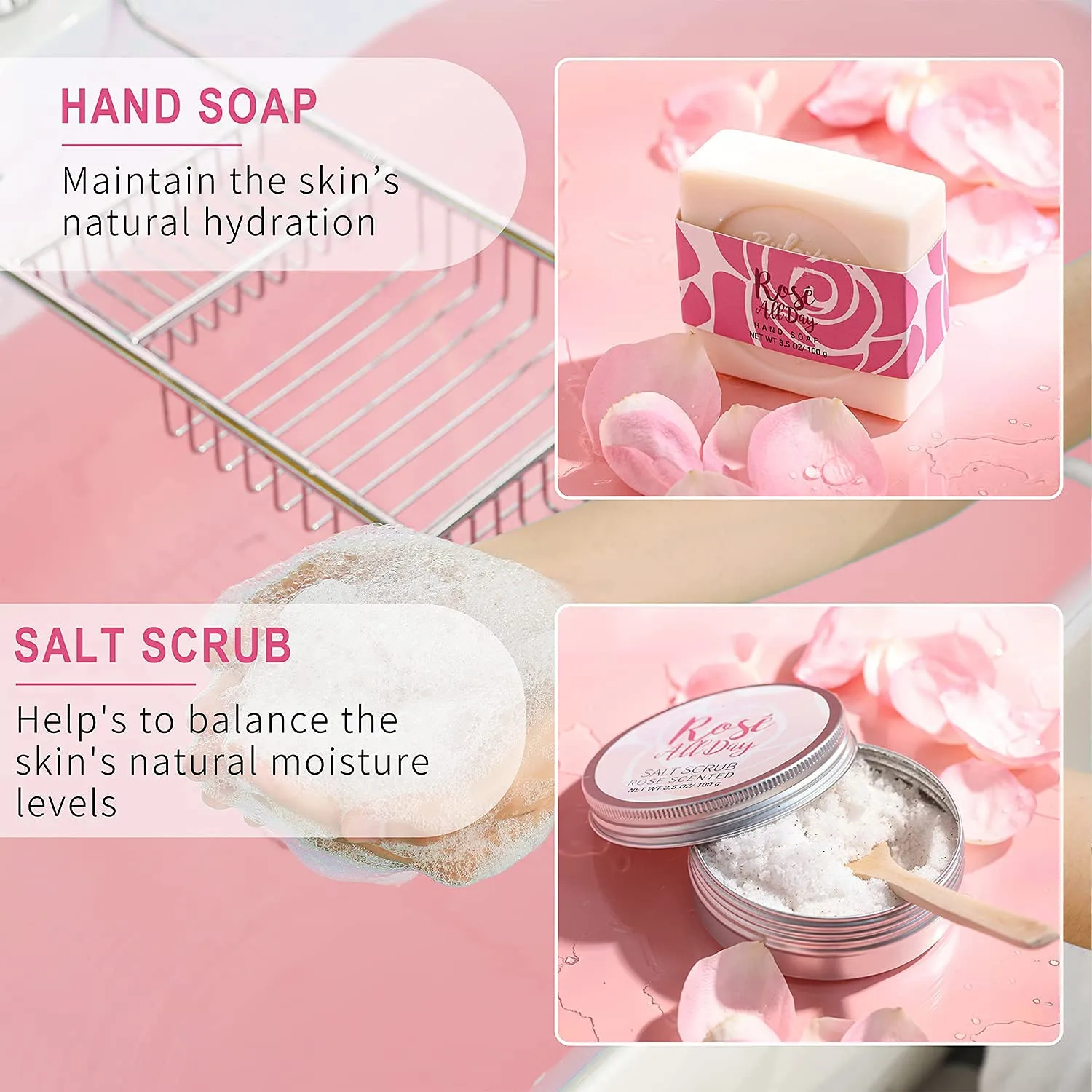 Rose Bath Spa Gift Set for Women with Bath Salts, Body scrub rose bath and body gift set wholesale