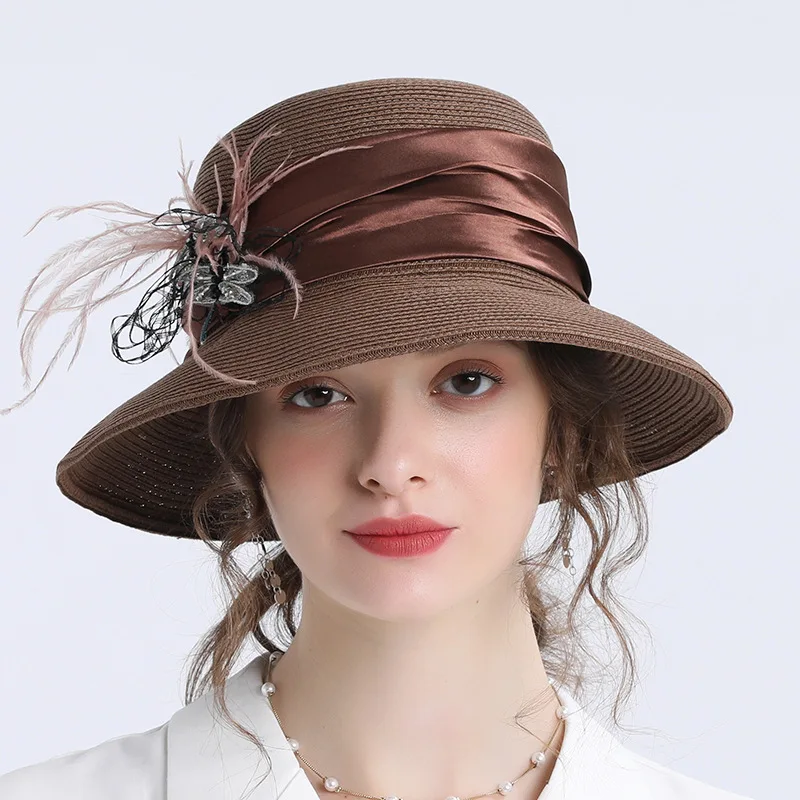 Wholesale Ladies Women Party Wedding For Elegant Feather Large Flower  wide brim Fascinator Sinamay Church Hat