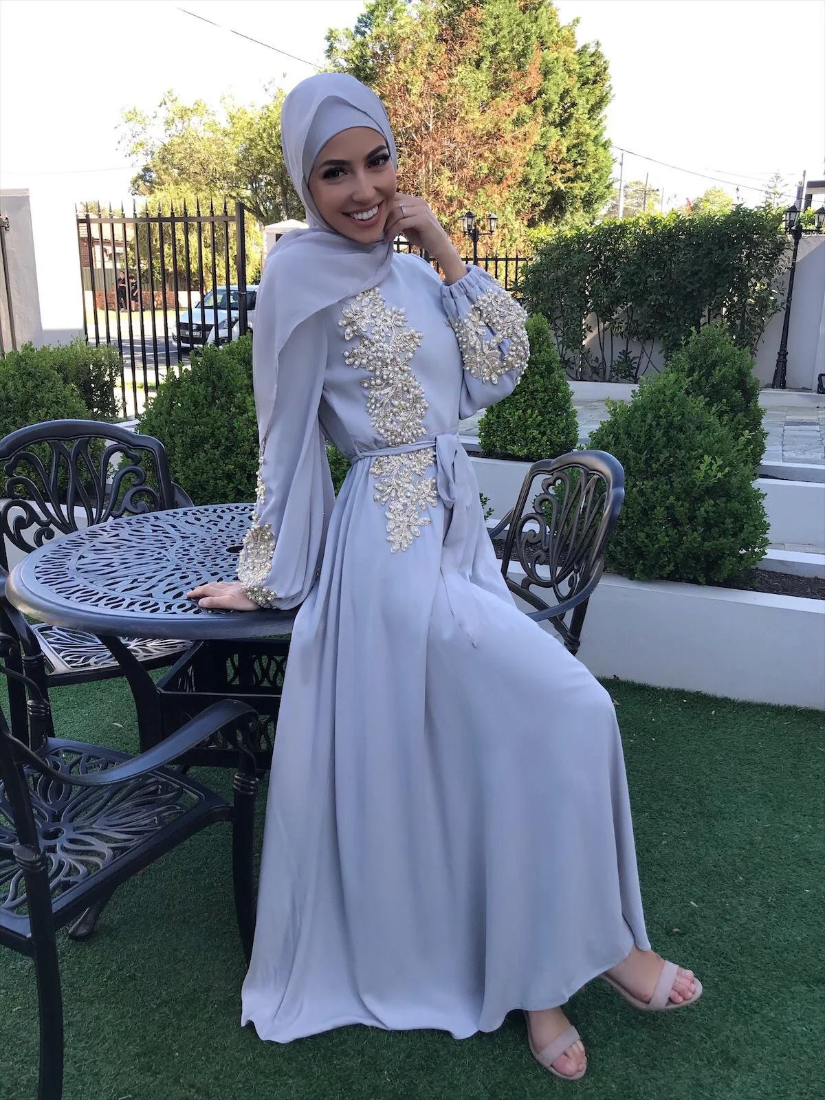 6 color Heavy Pearl Muslim Turkey Middle East Dress  chiffon abaya dress with embroidery and beading