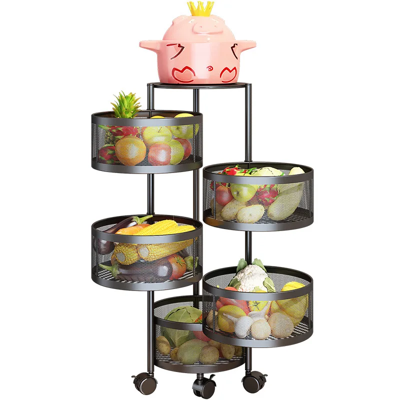 lockable wheels vegetable fruit Cylindrical round rack rotation basket rotating storage rack multi layer rotating kitchen shelf