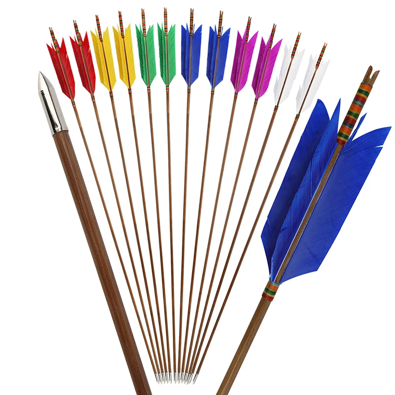 Archery Bamboo Arrow Traditional Recurve Bow Mongolian Longbow Target Shooting Practice Four Turkey Feather Vanes Wooden Shaft