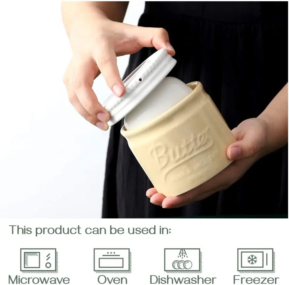 Porcelain Butter Keeper Crock, French Butter Dish with Lid, Embossed Butter Container for Soft Butter