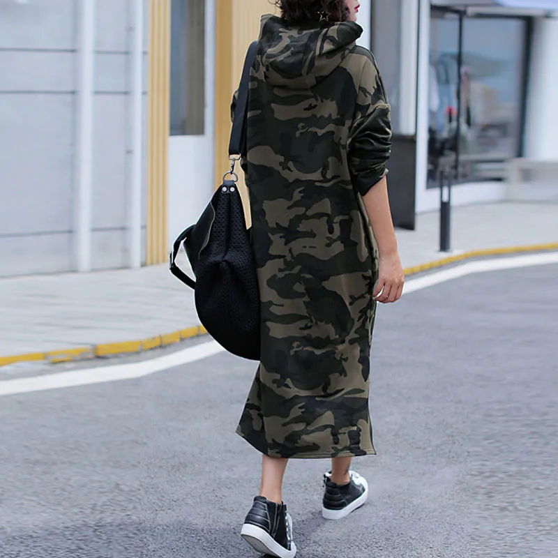 New Arrivals Fall Women Custom OEM Casual Camouflage Cotton Long Dress Plus Size Zipper Hooded Hoodie Dresses With Pockets