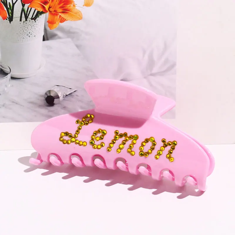 custom name hair claw clip rhinestone crystal alphabet shark hair clip personalize design hair claw with logo hot pink claw clip