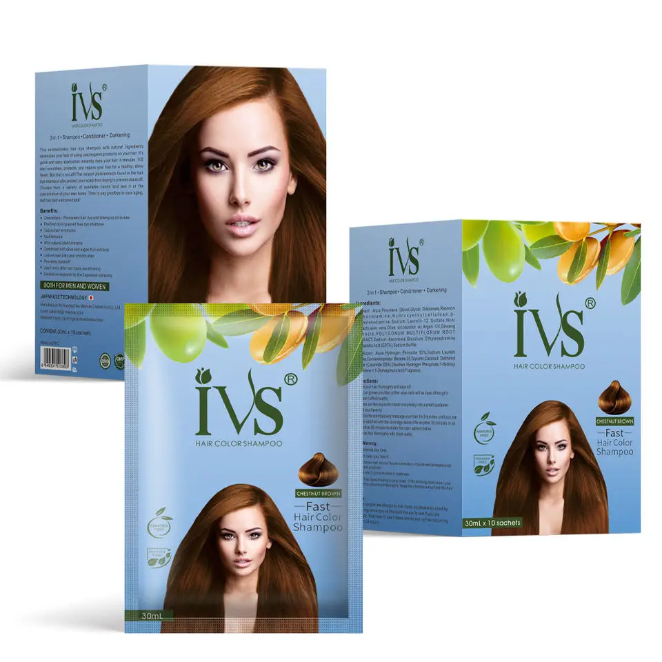 IVS Wholesale Home use salon Chestnut brown hair dye brand herbal care ammonia free hair color shampoo with gloves