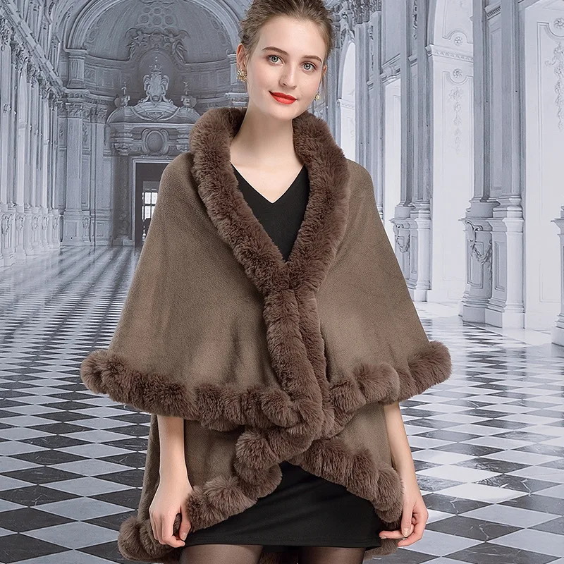 Top Quality Women Winter Wool Blended Cape Shawls With Faux Fur Trim