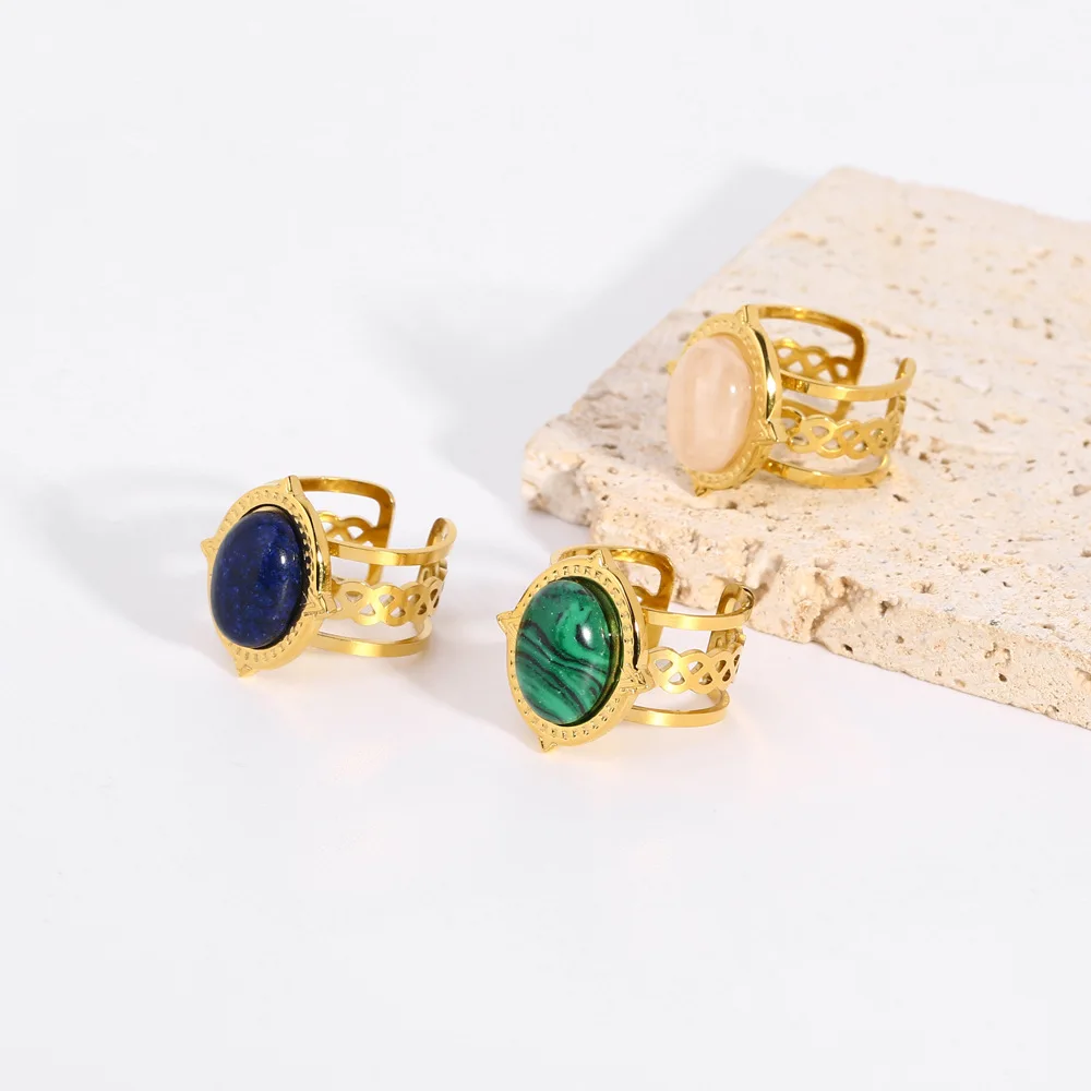 Waterproof Pvd Gold Plated Stainless Steel Natural Stone Hollow Three Layers Adjustable Ring anillos de acero inoxida
