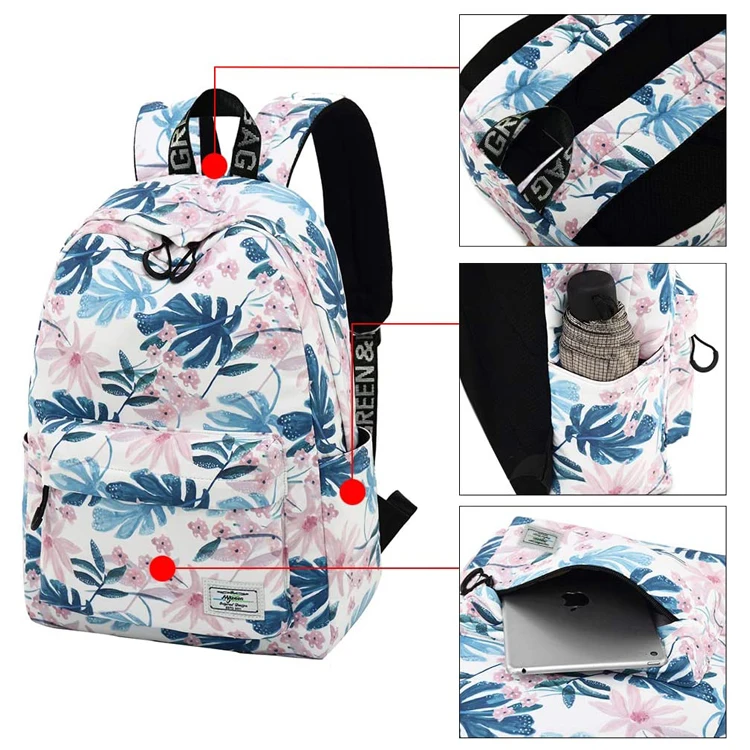 Korean Version Flowers Leaves Pattern School Bag Laptop Compartment Leisure Backpack For Teen Girls