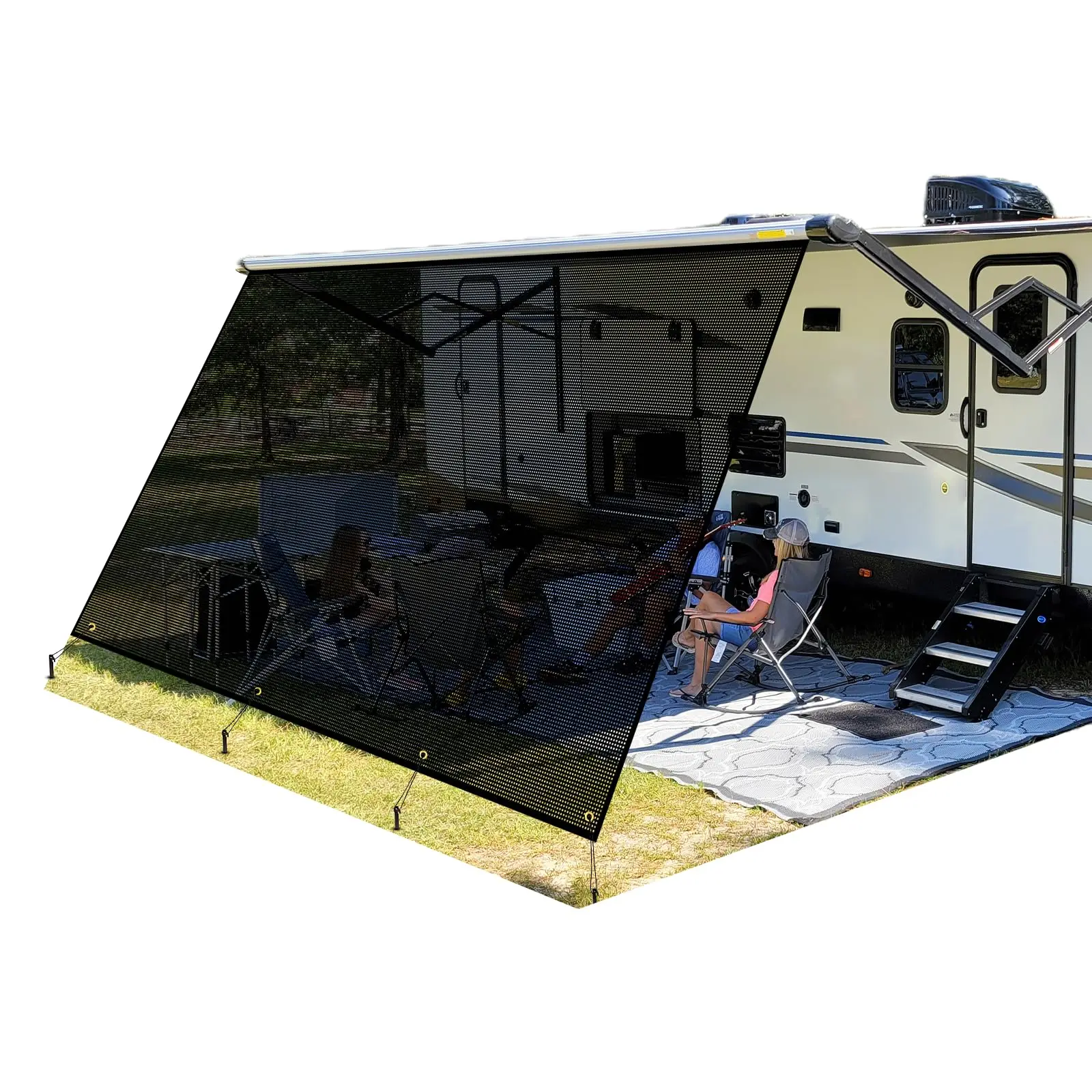 Motorhome Camper Travel Trailer Canopy Sunshade Sun Shade Screen Navy Blue Mesh RV Awning