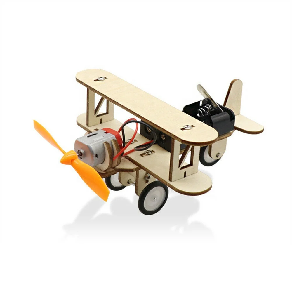 DIY Electric Wooden plane Taxiing Model Toys Dual Motor Biplane for Children Small Inventions Scientific Experiments Gift kids