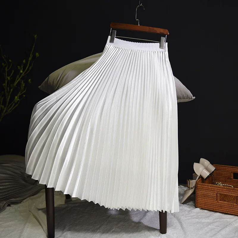 Оптовая продажа с фабрики Лидер продаж атласная элегантная плиссированная юбка высокой талией однотонные трапециевидные Длинные Юбки миди