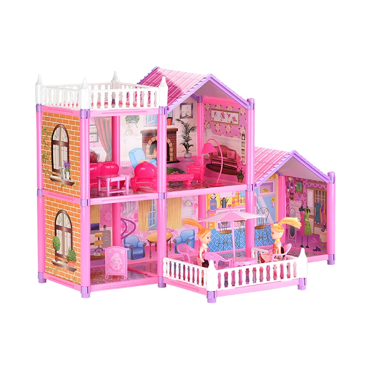 Pretend Play Toys Educational DIY Plastic Pink Play House Miniature Furniture Villa Toys Princess Castle Set Toys For Girl