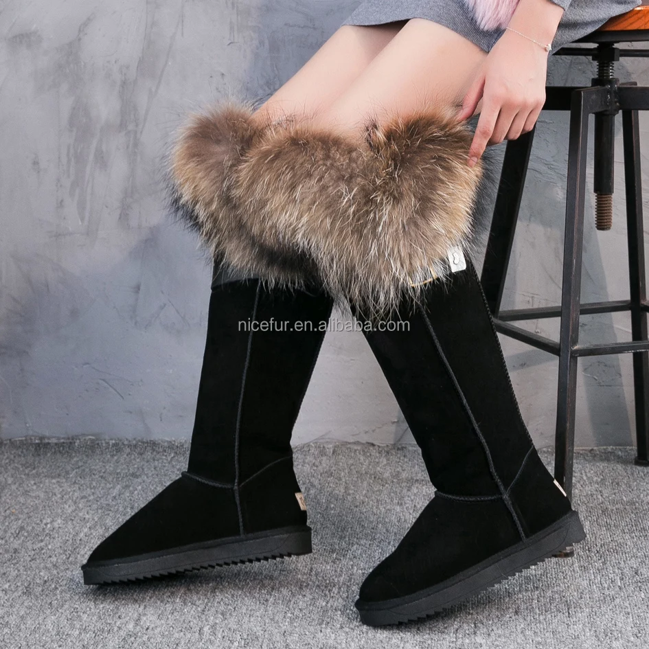 Wholesale Fashion Winter Women Boots Ladies Fur Snow Boots Round Toe Raccoon Fur Cow Leather Warm Anti-slip Fur Boots