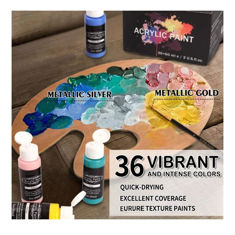 36 Colors (60ml, 2oz) with 3 Brushes & 1 Palette kids art acrylic paints set
