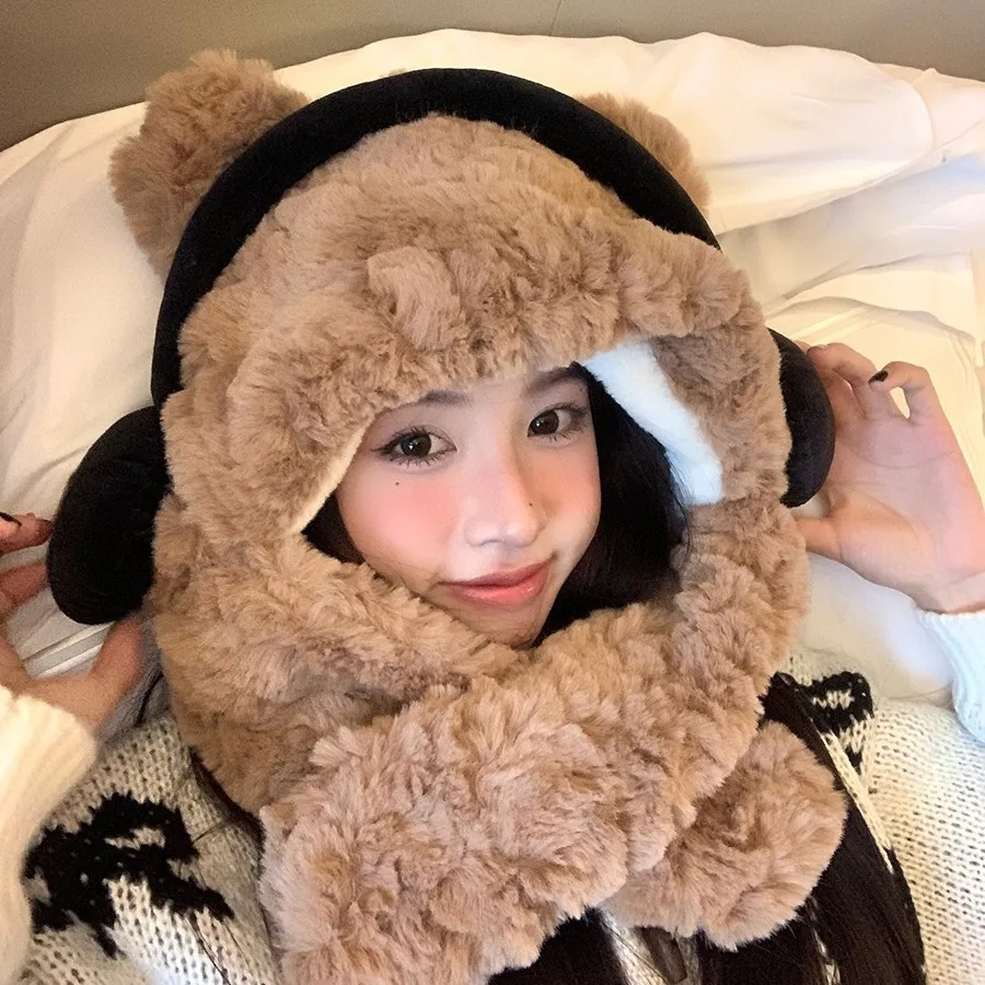 Cute 2 in 1 Winter Warm Cat Ear Beanie Hats Scarf Neck Warmer Fuzzy Fluffy Furry Fur Hat Women Girls Hat and Scarf Set