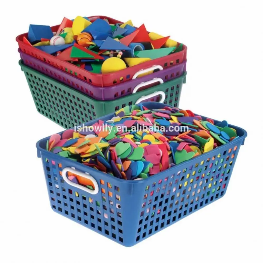 Convenient Popular Royal Colors Large Rectangle Classroom Storage Tall Baskets With Handles Durable Plastic Handy Organizers