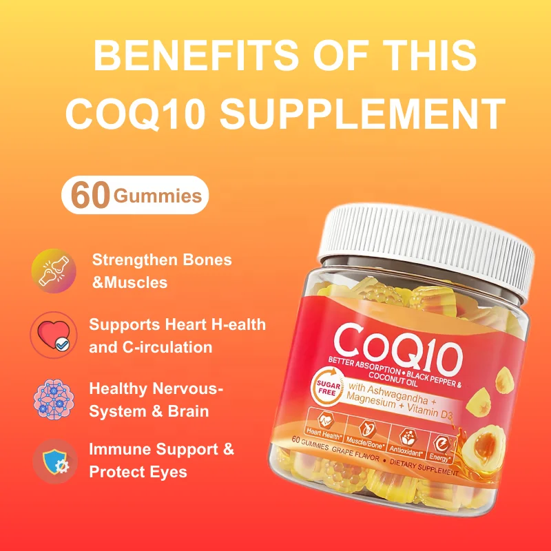 OEM Sugar-Free Ultra Absorption Coenzyme Q10 Gummies with Magnesium, Ashwagandha,Vitamin D3 Ubiquinone Gummy