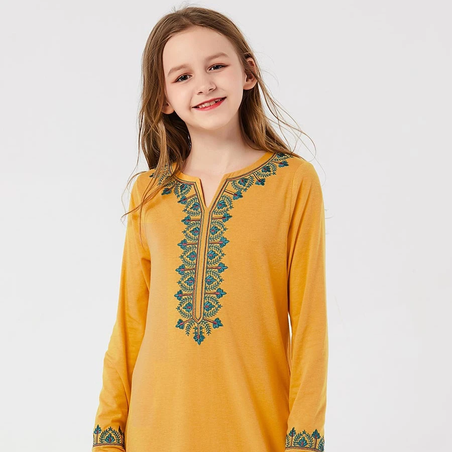 Dubai A-line Kaftan Yellow Girls Dress Spring Kids Moroccan Abaya Children Muslim Dresses