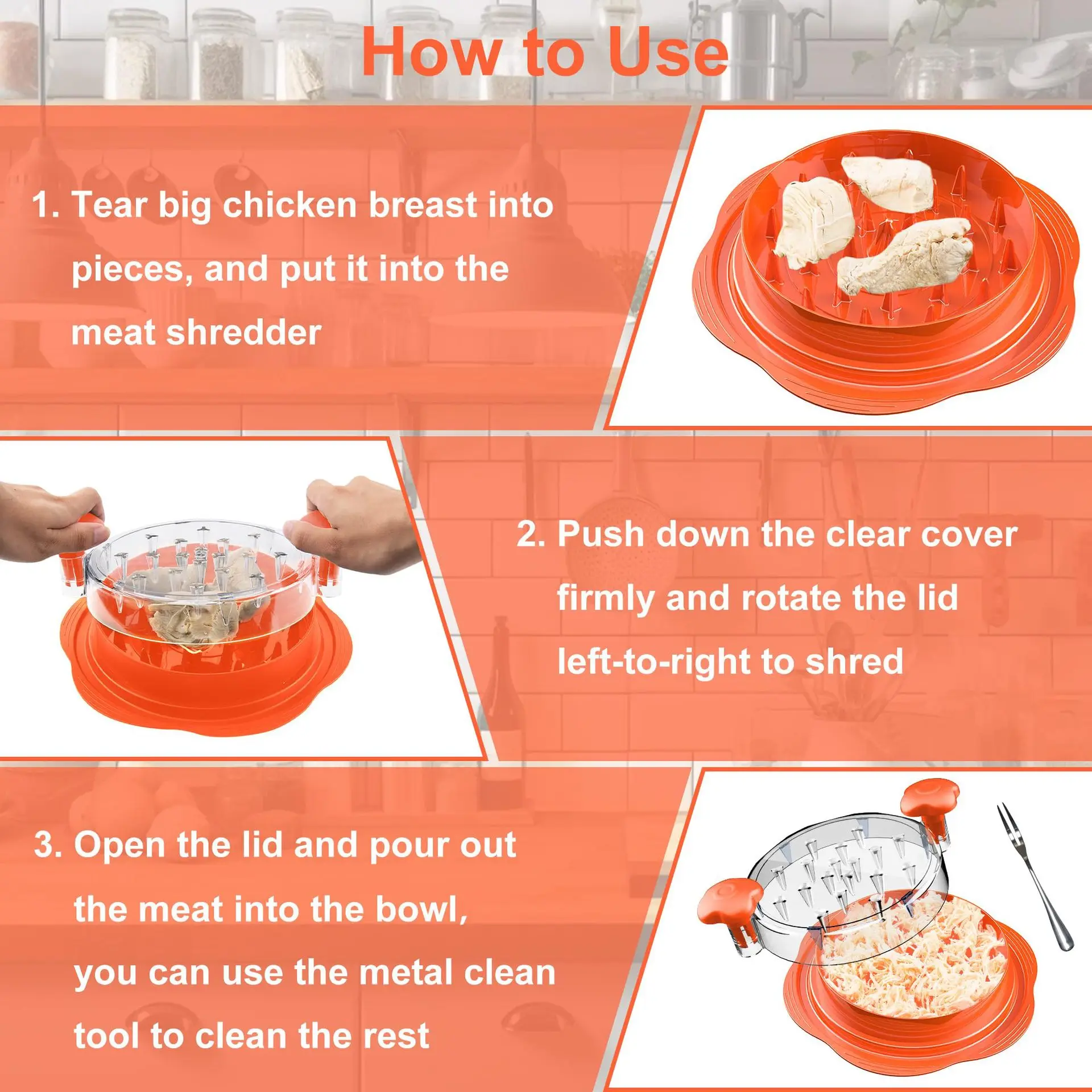 2024 Orange Chicken Shredder Large Chicken Breast Shredder Tool Twist with Brush&Fork, Visible Meat Shredder Machine for Kitchen