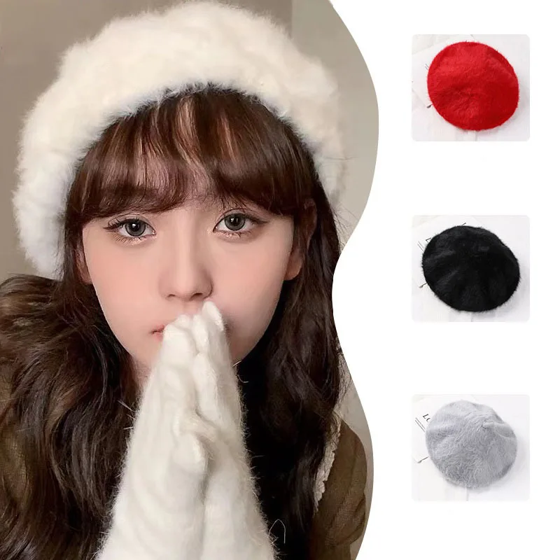 Rabbit Black Beret Hat  French Beret  Solid Color Beret Cap for Women Girls