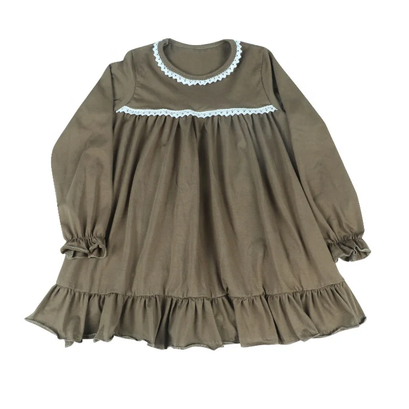 New style little girls nightgown ruffles night dress with white lace brown cotton 3/4 sleeves children sleeping wear