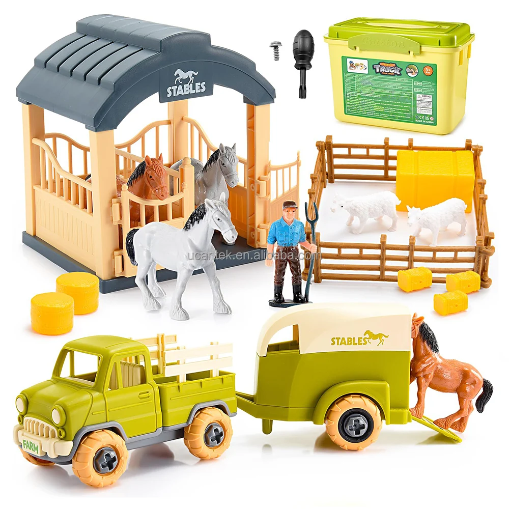 Kids Educational Assembly Take Apart Tractor Trailer Vehicle Horse Stables Animal Figures Farm Scene Toys Set