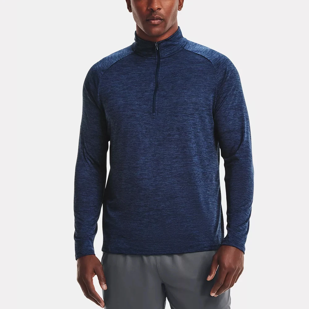 Custom Men Gym Sport Wear Knitted Quarter Zip Stand Collar Long Sleeve Active Shirts With Thumb Hole