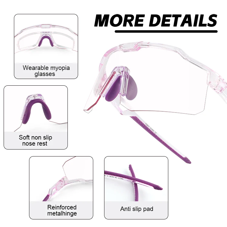 Unisex oversized cycling outdoor photochromic glasses uv400 outdoor road eyeweaer clear lens pink color changing bike sunglasses