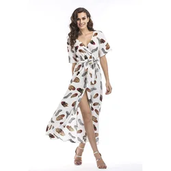 Hawaii Style Beach Blue V Neck Red Floral Print Maxi Split Chiffon Dress