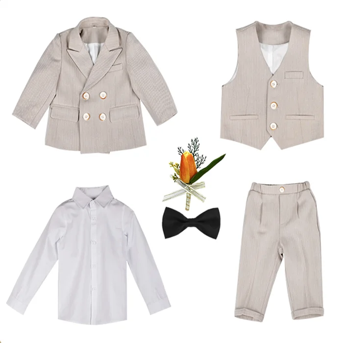 Children Boys Dress Suit Baby Boy Wedding First Birthday Party Suit Host Costume Blazer Jacket Pant Suit Sets Kids Boys'Beige