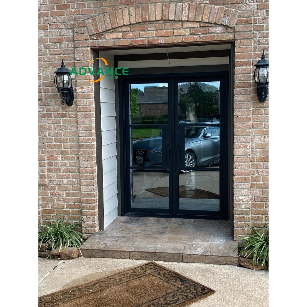 High Quality Exterior Steel Casement matte Black French Door Arch Wrought Glass Door  With grids