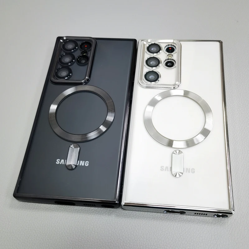 Luxury Transparent Plating Magnetic Case for Samsung Galaxy S21 S22 S23 Ultra Plus Wireless Charger Silicone Clear Cover Cases