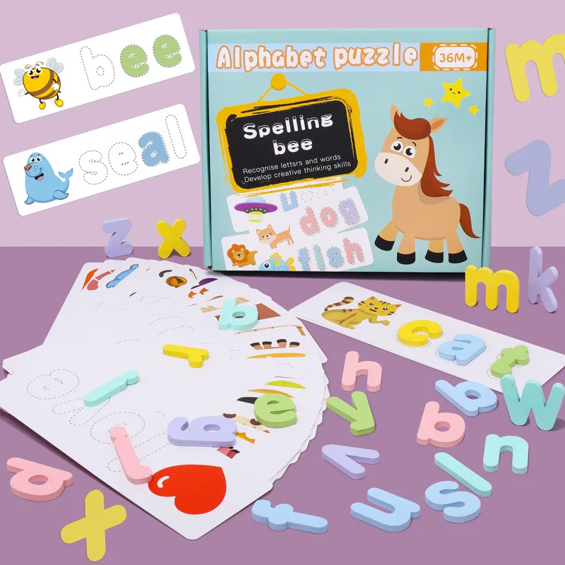 New Design Unisex Wooden Jigsaw Puzzle Preschool Intelligence Matching Word Puzzle for 2 to 4 Years Old Children