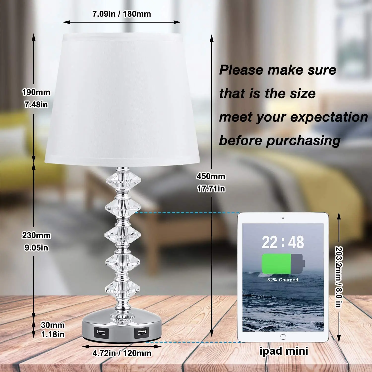 Touch Crystal Lamp for Bedroom with USB Ports White USB Bedside Table Lamp Nightstand Lamps