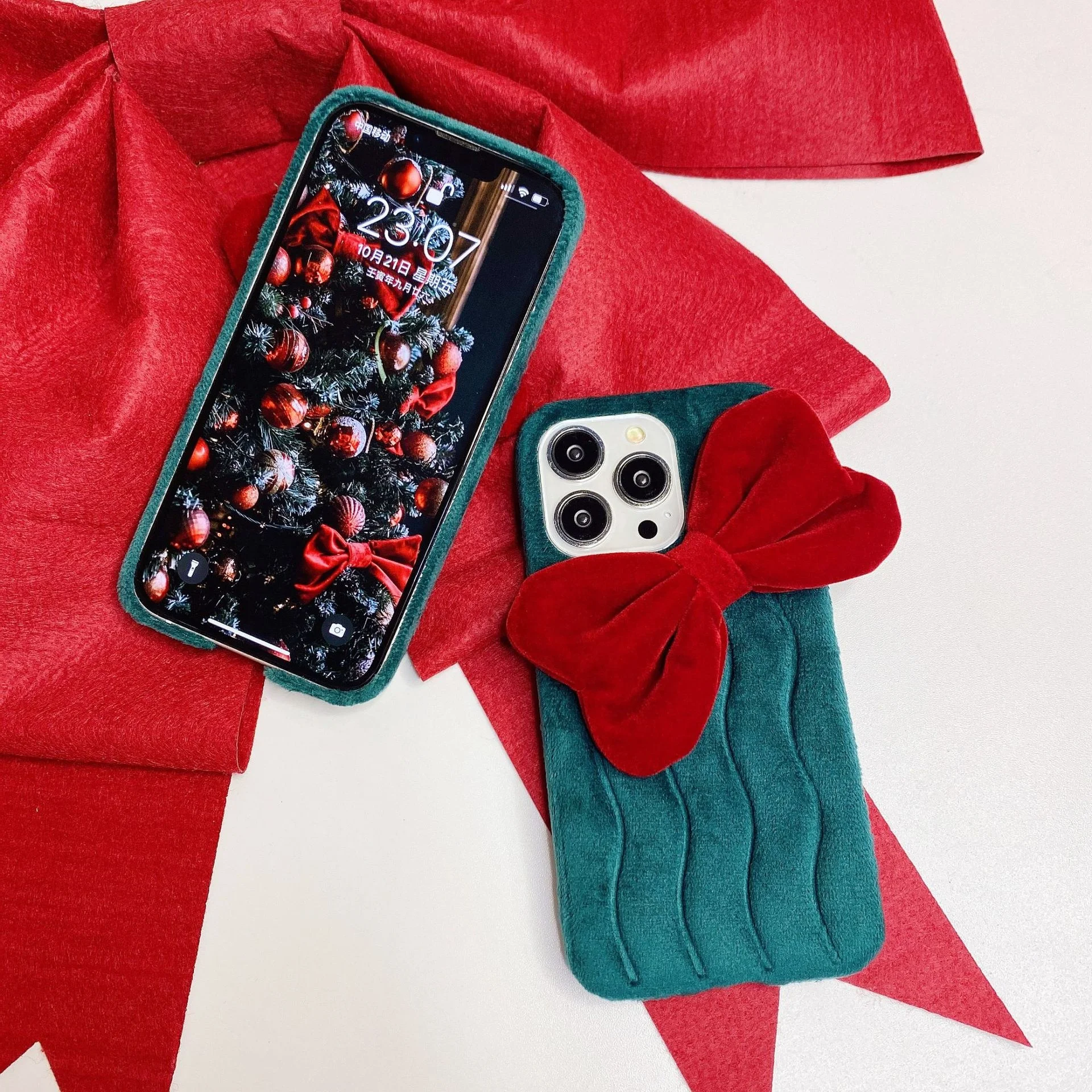 Merry Christmas Phone Case for iPhone 12 13 14 pro Case Christmas Plush 3d Bowknot Bear Warm Mirror Phone Cases Personalized