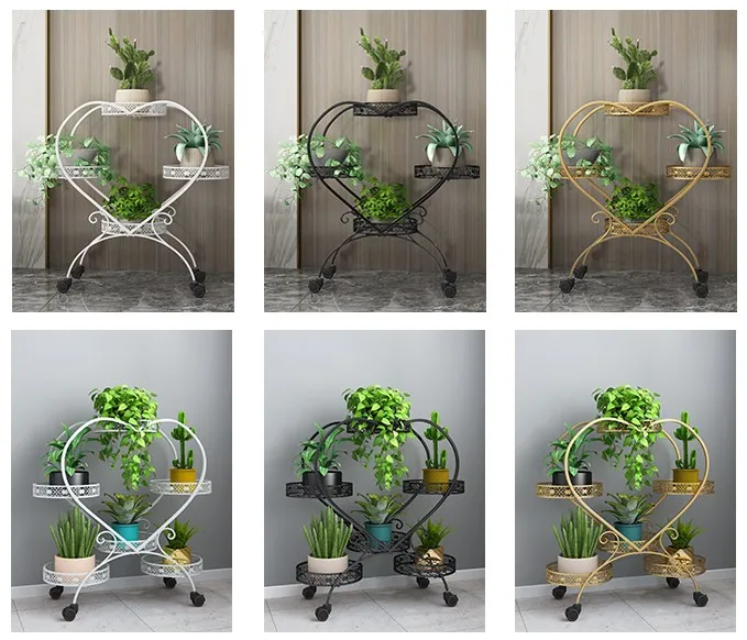 Balcony decoration wrought iron heart-shaped green radish flower rack shelf floor type multi-layer flower pot shelf with wheels