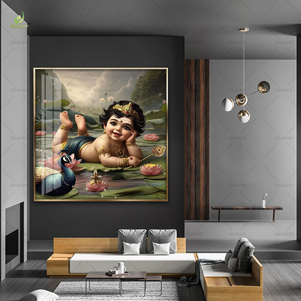 Huamiao Hinduism Wall Art Painting Crystal Child God Framed Glass Painting