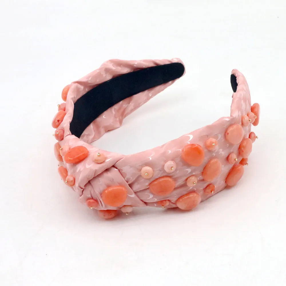 hand sewn irregular beads pink women luxury designer bling beaded furry headband for women