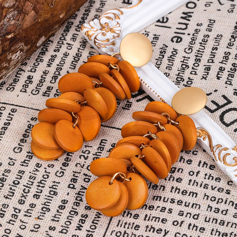 HOVANCI Boho Earrings S925 Stud Large Wood Laser Cut Acrylic Bamboo Ball Long Beads Geometric Earrings